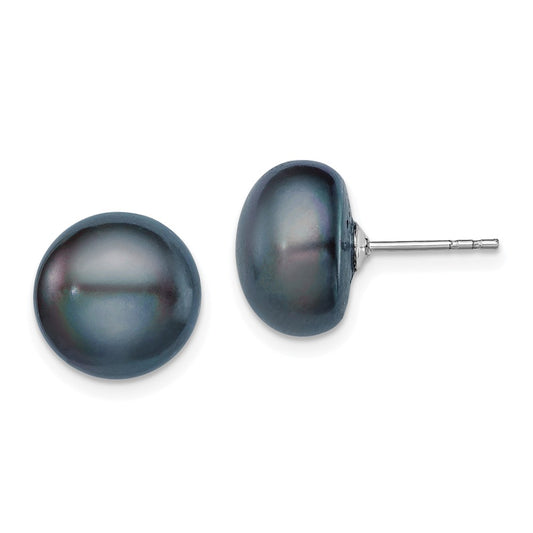 Rhodium-plated Silver 11-12mm Black FWC Button Pearl Earrings