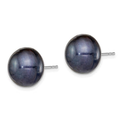 Rhodium-plated Silver 12-13mm Black FWC Button Pearl Earrings