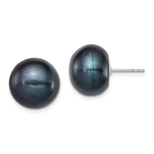 Rhodium-plated Silver 12-13mm Black FWC Button Pearl Earrings
