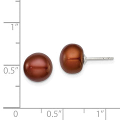 Rhodium-plated Silver 9-10mm Brown FWC Button Pearl Earrings