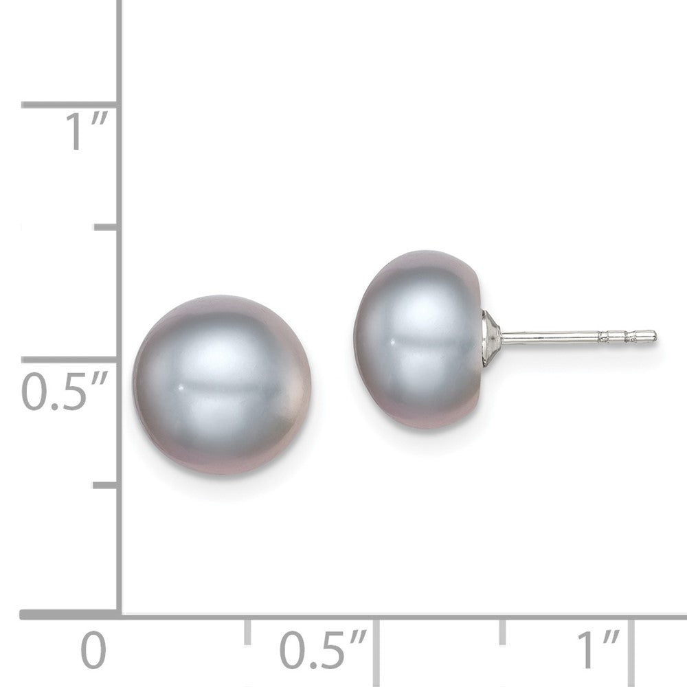 Rhodium-plated Silver 9-10mm Grey FWC Button Pearl Stud Earrings