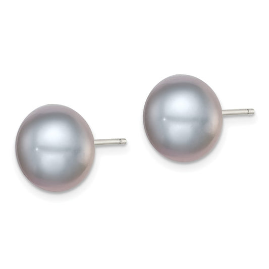 Rhodium-plated Silver 11-12mm Grey FWC Button Pearl Earrings