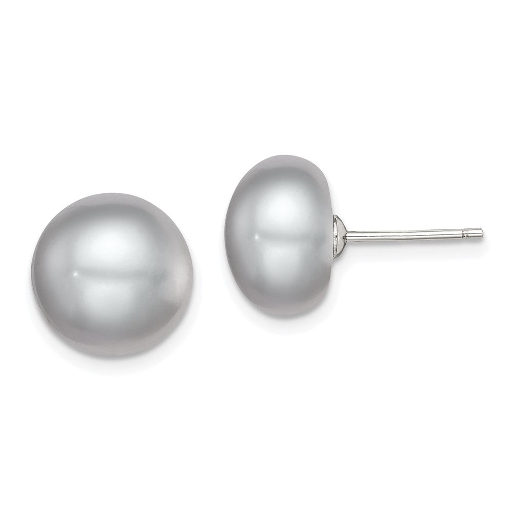 Rhodium-plated Silver 11-12mm Grey FWC Button Pearl Earrings