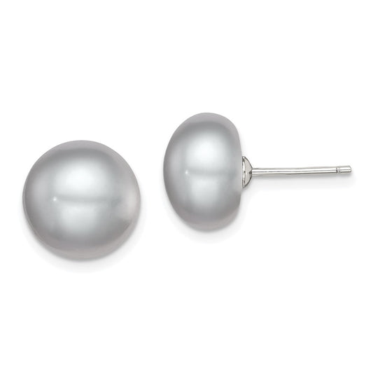 Rhodium-plated Silver 11-12mm Grey FWC Button Pearl Earrings