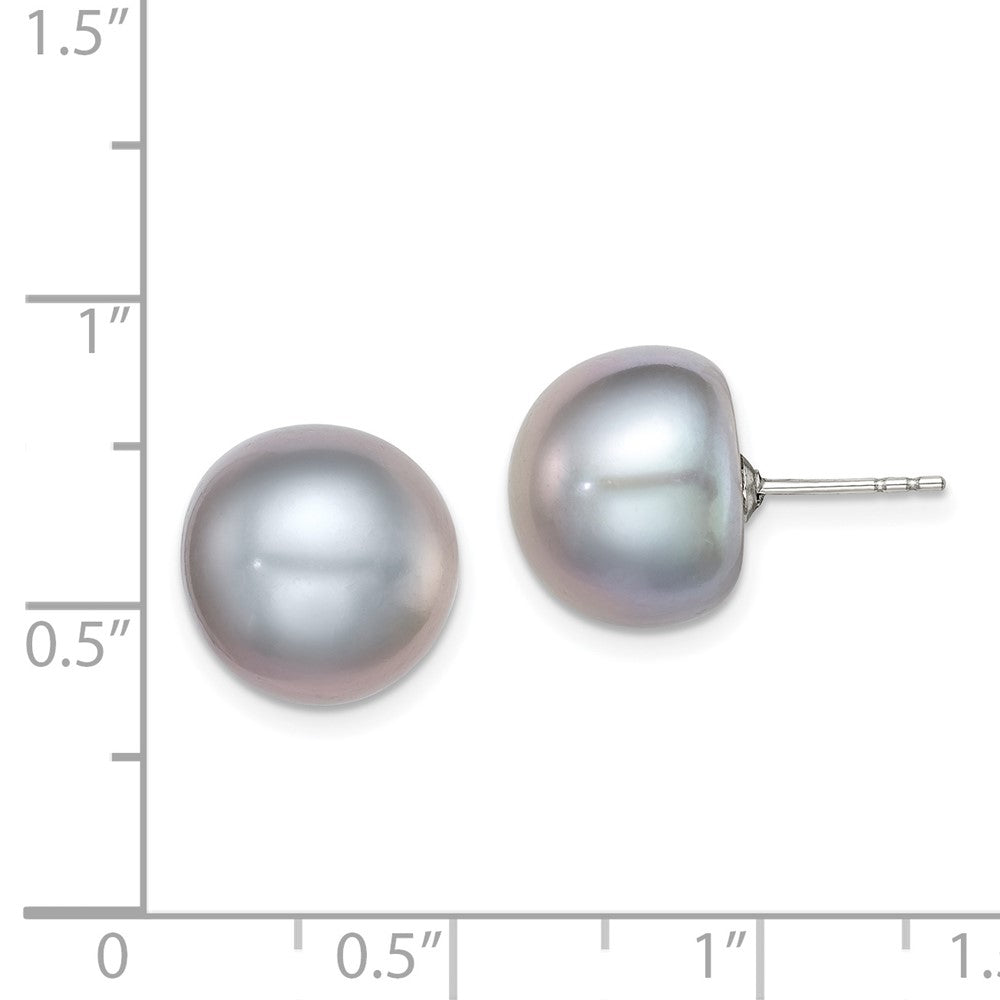 Rhodium-plated Silver 12-13mm Grey FWC Button Pearl Earrings
