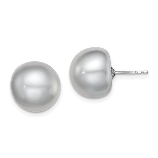 Rhodium-plated Silver 12-13mm Grey FWC Button Pearl Earrings