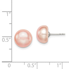 Rhodium-plated Silver 9-10mm Pink FWC Button Pearl Stud Earrings