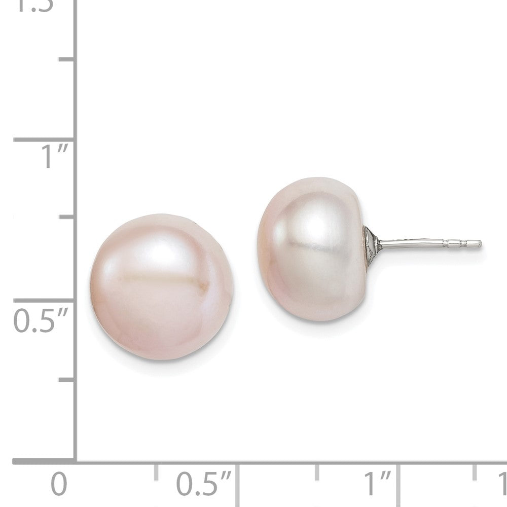 Rhodium-plated Sterling Silver 11-12mm Pink FWC Button Pearl Stud Earrings