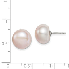 Rhodium-plated Sterling Silver 11-12mm Pink FWC Button Pearl Stud Earrings