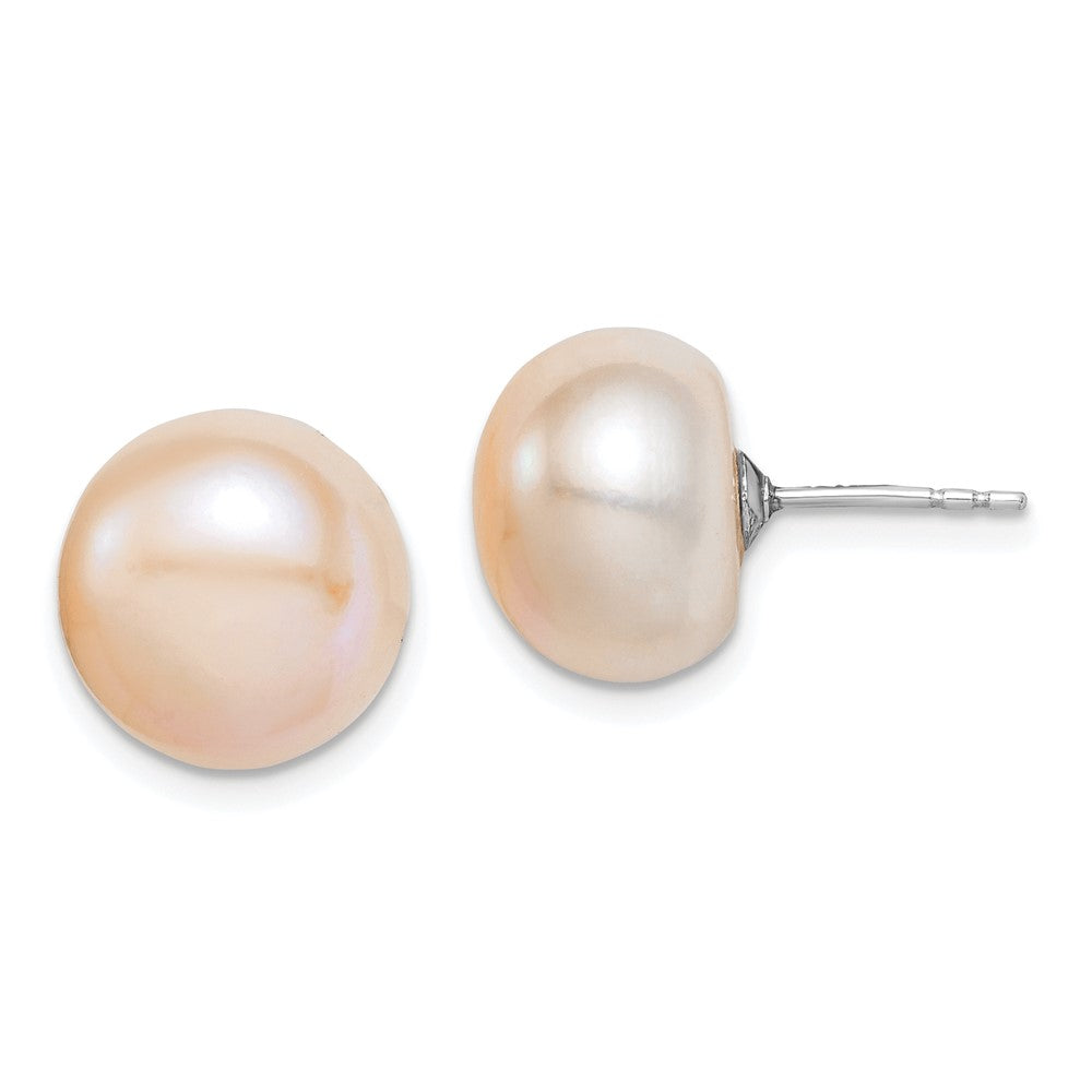 Rhodium-plated Sterling Silver 11-12mm Pink FWC Button Pearl Stud Earrings