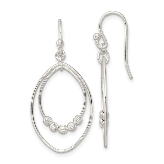 Sterling Silver Diamond-cut Beads on Oval Dangle Shepherd Hook Earrings