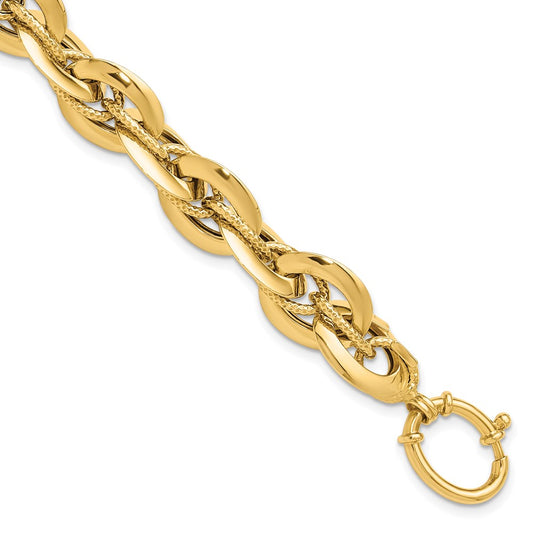 14K Yellow Gold Polished & Textured Fancy Rope Link Bracelet