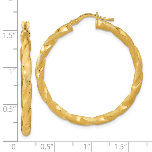 14K Yellow Gold Polished and Satin Twisted Hoop Earrings