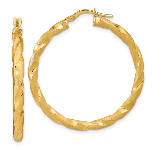 14K Yellow Gold Polished and Satin Twisted Hoop Earrings