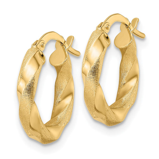14K Yellow Gold Brushed and Polished Twisted Hoop Earrings