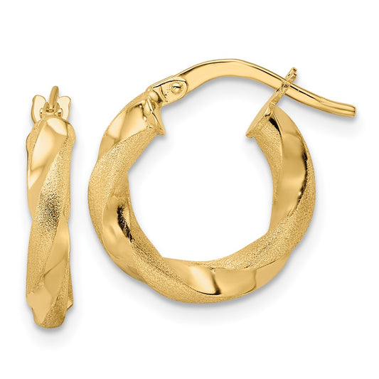 14K Yellow Gold Brushed and Polished Twisted Hoop Earrings