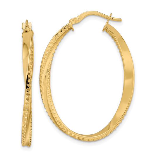 14K Yellow Gold Polished Twisted Oval Hoop Earrings