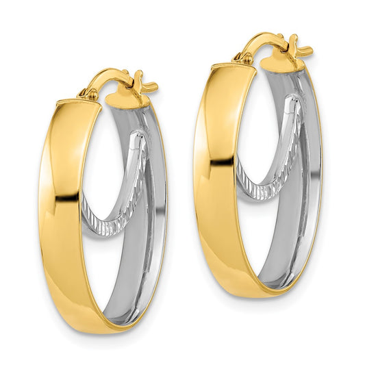 14K Two-Tone Gold Polished Diamond-cut Fancy Oval Hoop Earrings