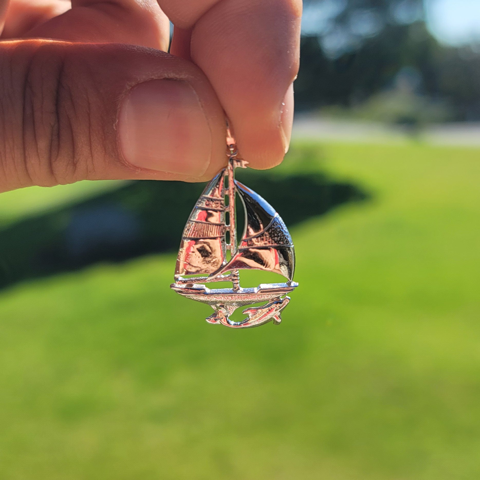 10K, 14K or 18K Gold Sailboat With Dolphin Pendant