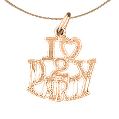 Colgante con texto "I Love 2 Party" de oro de 14 quilates o 18 quilates