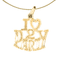 Colgante con texto "I Love 2 Party" de oro de 14 quilates o 18 quilates