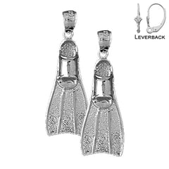 Sterling Silver 34mm Scuba Fin 3D Earrings (White or Yellow Gold Plated)