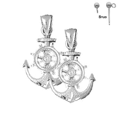 Sterling Silver 29mm Anchor With Ships Wheel Earrings (White or Yellow Gold Plated)