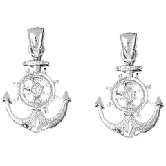 Sterling Silver 29mm Anchor With Ships Wheel Earrings