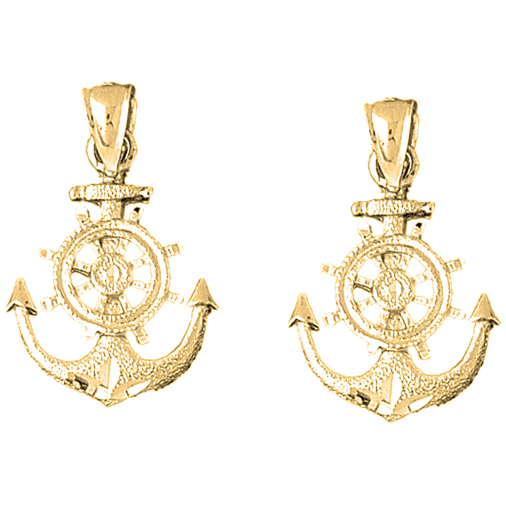 Yellow Gold-plated Silver 29mm Anchor With Ships Wheel Earrings