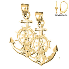 Sterling Silver 35mm Anchor With Ships Wheel Earrings (White or Yellow Gold Plated)