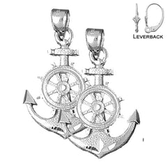 Sterling Silver 35mm Anchor With Ships Wheel Earrings (White or Yellow Gold Plated)