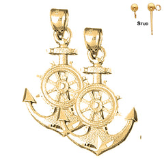 Sterling Silver 35mm Anchor With Ships Wheel Earrings (White or Yellow Gold Plated)