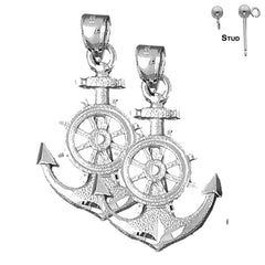 Pendientes de ancla con rueda de barco de oro de 14 quilates o 18 quilates de 35 mm