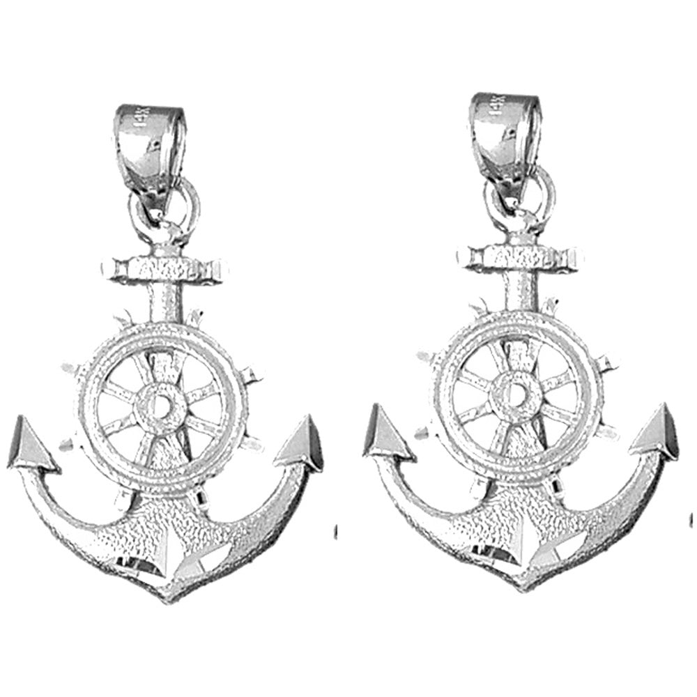 Sterling Silver 35mm Anchor With Ships Wheel Earrings