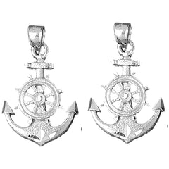 Sterling Silver 35mm Anchor With Ships Wheel Earrings