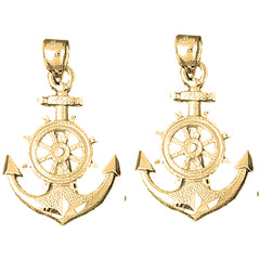 Yellow Gold-plated Silver 35mm Anchor With Ships Wheel Earrings