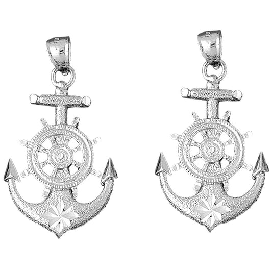 Sterling Silver 46mm Anchor With Ships Wheel Earrings