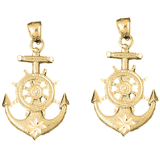 Yellow Gold-plated Silver 46mm Anchor With Ships Wheel Earrings