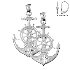 Sterling Silver 53mm Anchor With Ships Wheel Earrings (White or Yellow Gold Plated)