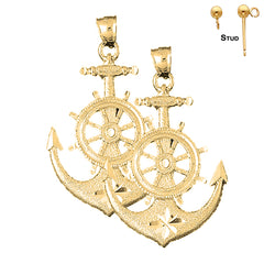 Sterling Silver 53mm Anchor With Ships Wheel Earrings (White or Yellow Gold Plated)