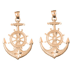14K or 18K Gold 53mm Anchor With Ships Wheel Earrings