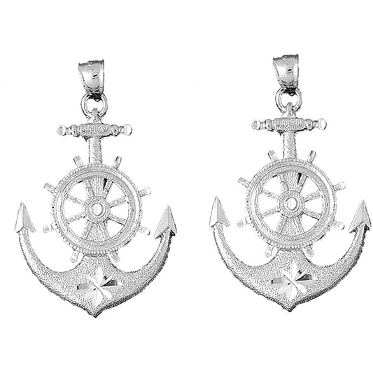 Sterling Silver 53mm Anchor With Ships Wheel Earrings