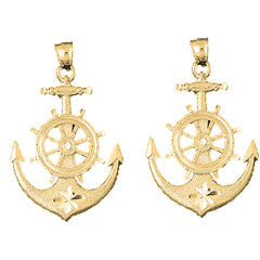 14K or 18K Gold 53mm Anchor With Ships Wheel Earrings