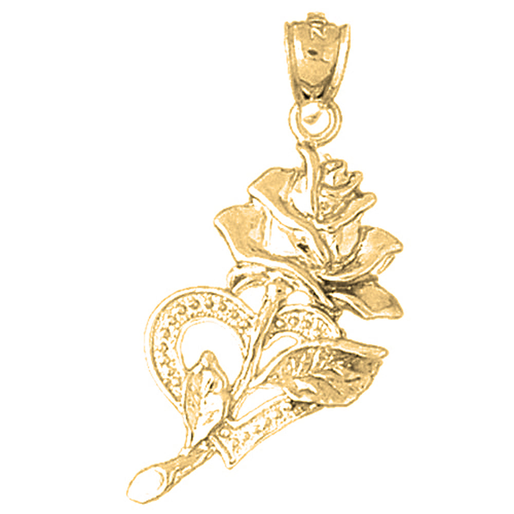 10K, 14K or 18K Gold Rose With Heart Pendant