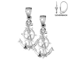 Sterling Silver 24mm Anchor With Ships Wheel Earrings (White or Yellow Gold Plated)