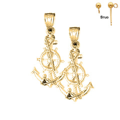 Sterling Silver 24mm Anchor With Ships Wheel Earrings (White or Yellow Gold Plated)