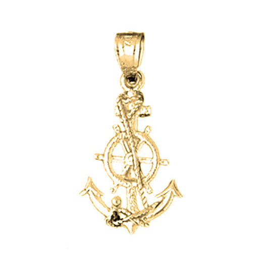 14K or 18K Gold Anchor With Ships Wheel Pendant