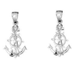 Sterling Silver 24mm Anchor With Ships Wheel Earrings