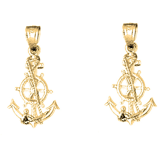 14K or 18K Gold 24mm Anchor With Ships Wheel Earrings