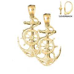 Sterling Silver 36mm Anchor With Ships Wheel Earrings (White or Yellow Gold Plated)